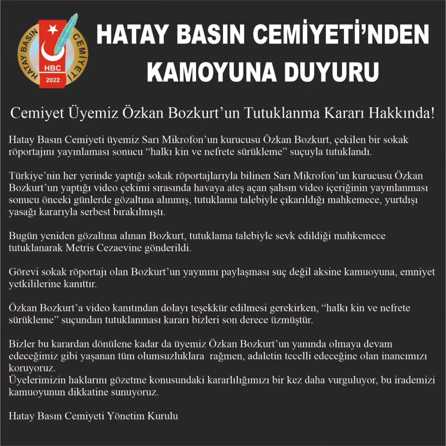 HATAY BASIN CEMİYETİNDEN AÇIKLAMA
